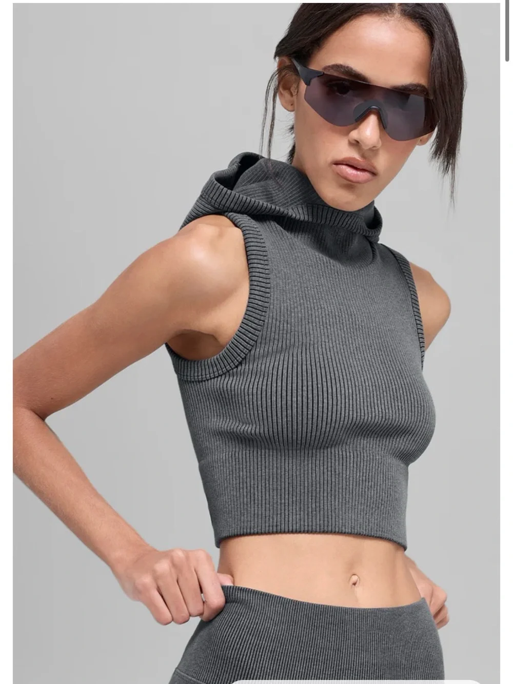 ALO Yoga black and grey Ribbed Crop Hoodie in Black